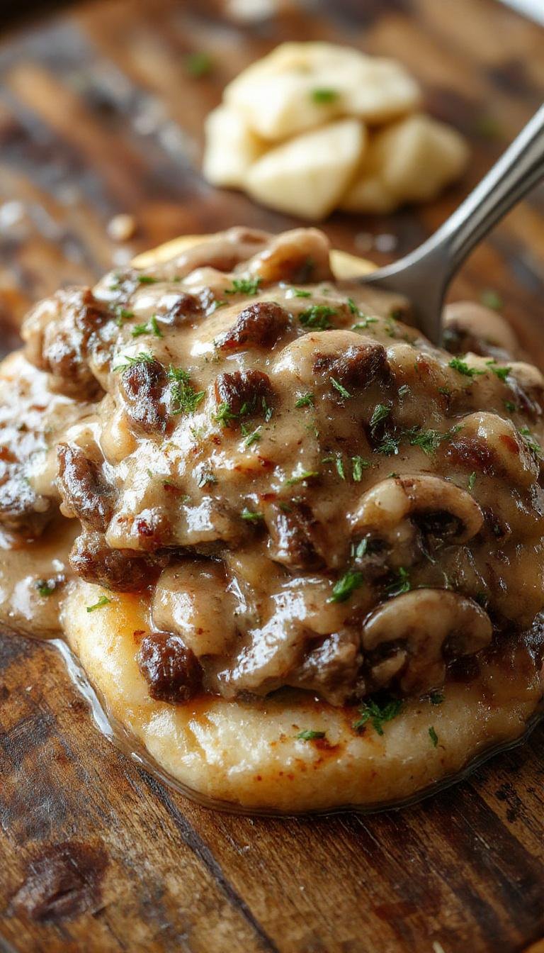 A generous serving of Salisbury steak topped with rich mushroom gravy, accompanied by a bed of creamy mashed potatoes and fresh green beans, all presented on a rustic ceramic plate with visible steam indicating warmth.