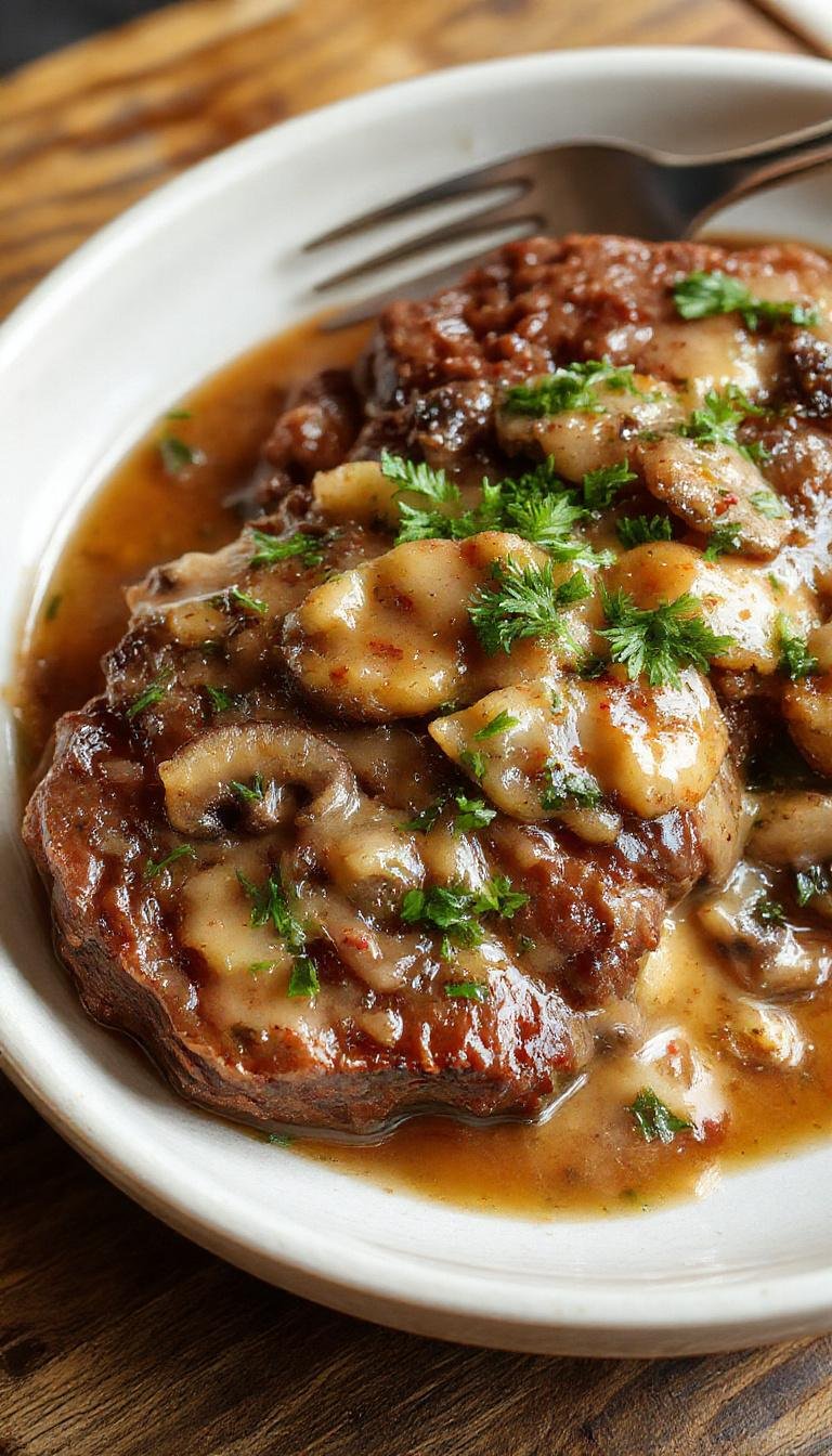 A close-up of a perfectly cooked Salisbury steak topped with rich mushroom gravy, garnished with fresh herbs on a white ceramic plate. The steak has a golden-brown crust, and the gravy contains sliced mushrooms and a glossy texture. The plating is simple yet inviting, highlighting the hearty, comforting dish.