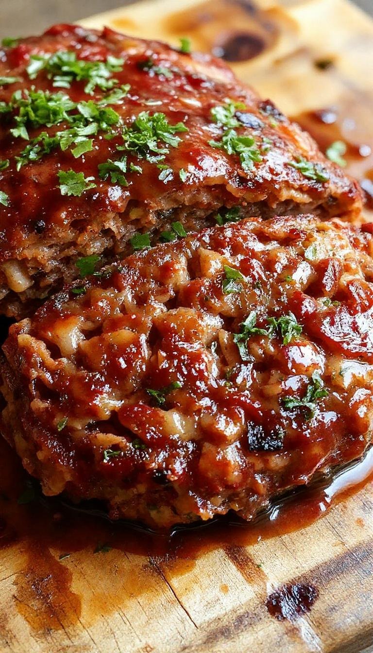 A plated veggie meatloaf drizzled with a shiny balsamic glaze, garnished with fresh herbs. The loaf has a golden-brown crust, sliced to reveal a colorful mixture of vegetables and herbs inside, presented on a rustic white plate with a side of roasted vegetables.