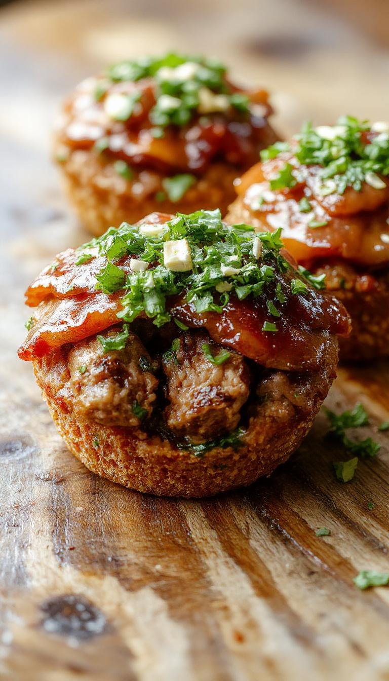 A batch of bourbon BBQ bacon meatloaf cupcakes arranged on a rustic wooden platter. Each cupcake features a richly glazed top with a smoky bacon strip garnish, topped with a drizzle of bourbon BBQ sauce. The cupcakes are golden-brown with a moist interior visible around the edges, and the bacon adds a crispy texture contrasting with the tender meatloaf. The presentation is inviting and flavorful, ideal for a hearty dinner.