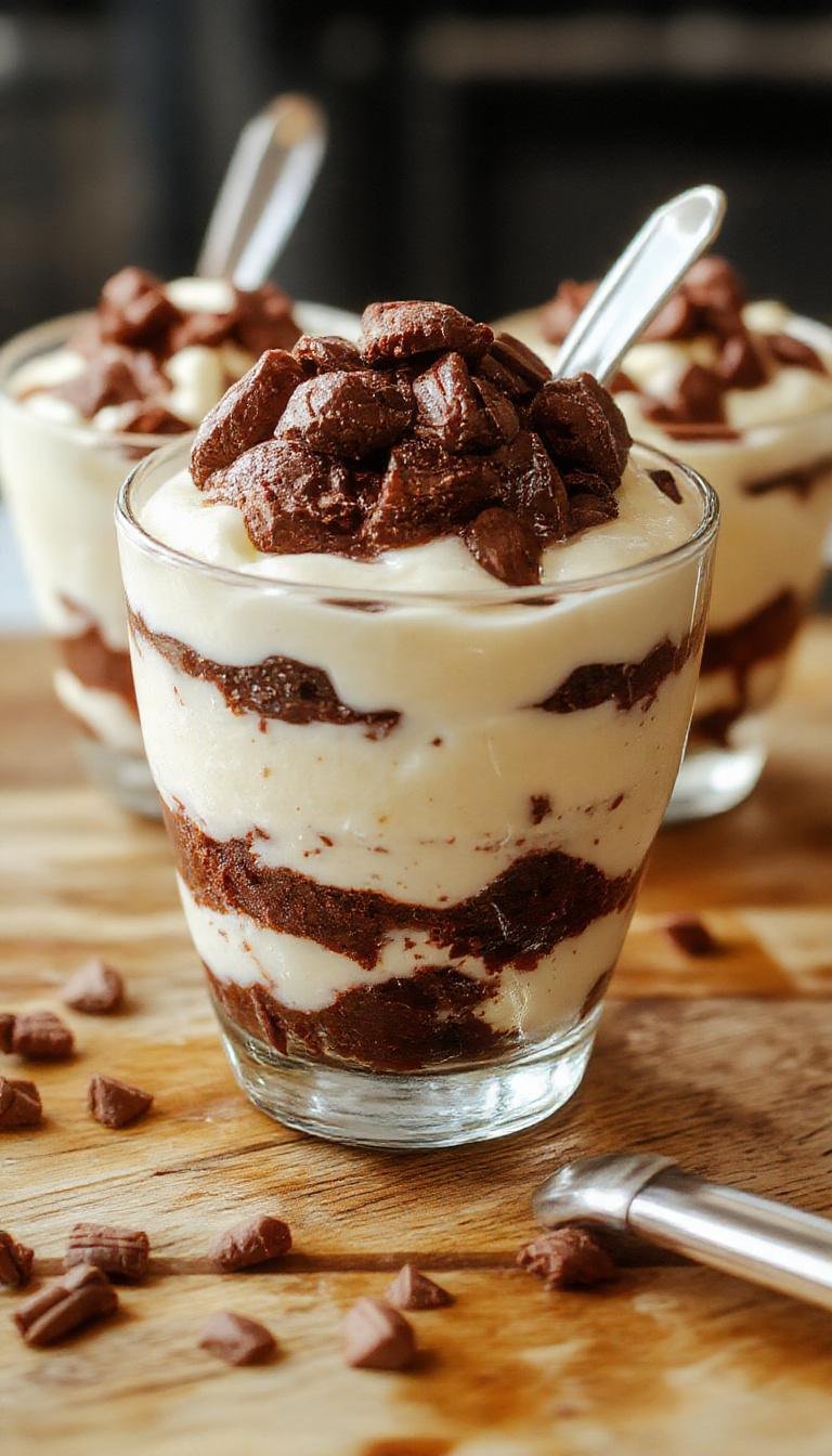A tall, elegant glass layered with rich chocolate brownie chunks, creamy cheesecake filling, and a dusting of cocoa powder on top. The parfait showcases alternating layers of moist brownie's dark chocolate color and smooth, pale cheesecake, garnished with a cherry and a sprig of mint for a touch of freshness.