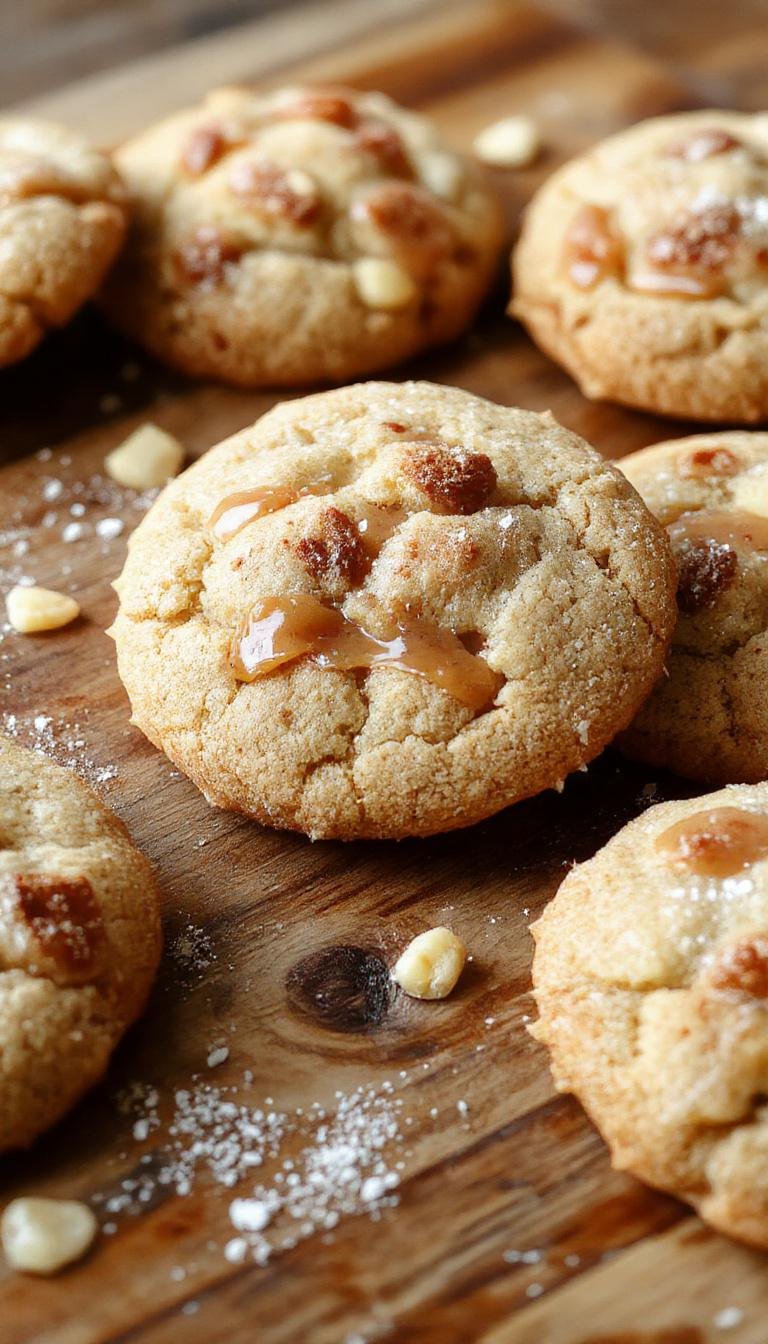 A close-up image of golden-brown caramel apple snickerdoodles arranged on a rustic wooden platter, generously coated with cinnamon sugar. The cookies have a slightly cracked surface revealing a soft, chewy interior with bits of apple and caramel visible. Some cookies are topped with a drizzle of caramel sauce, enhancing their inviting appearance.