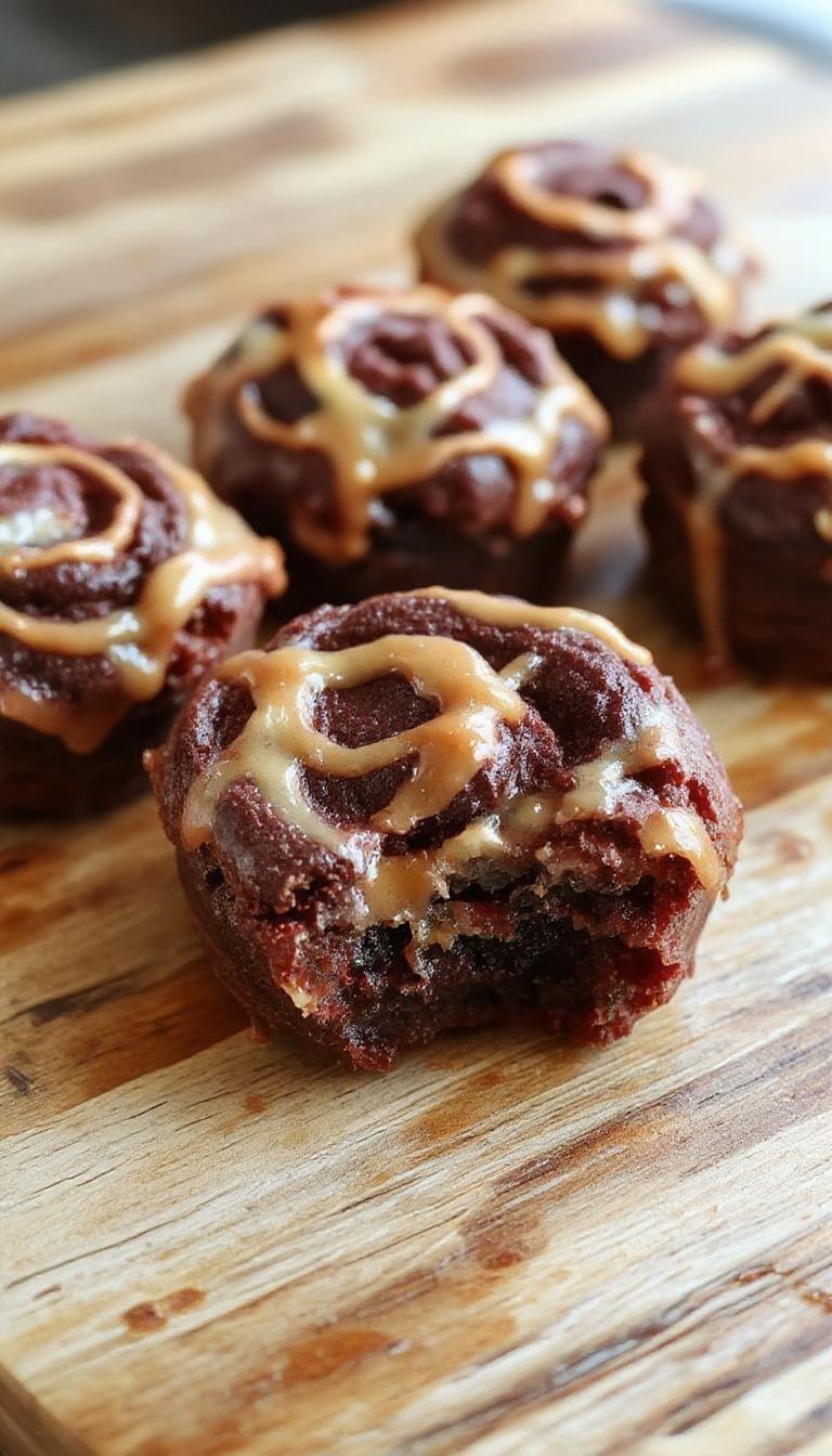 Golden-brown brownie bites topped with glossy caramel swirls, presented on a white plate with a few caramel drizzle accents, showcasing their rich texture and gooey caramel topping.