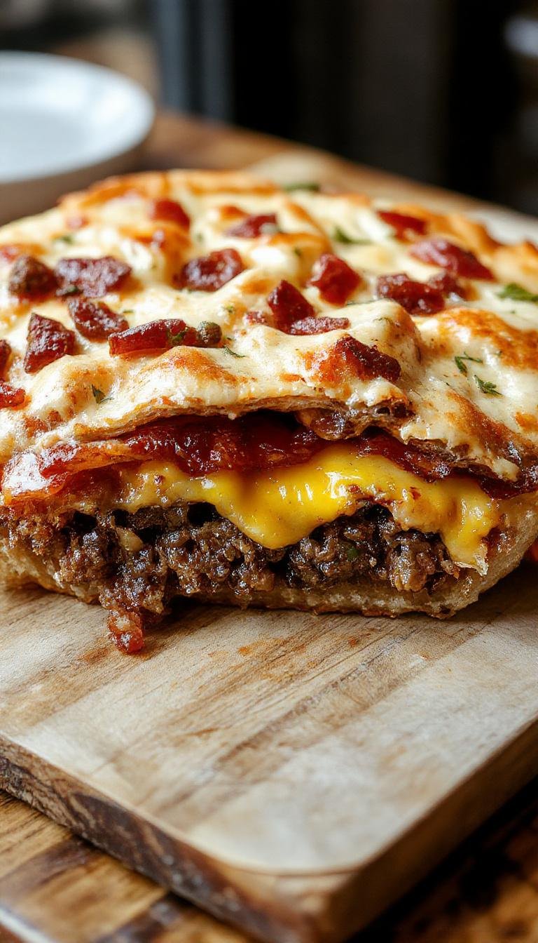 A golden-brown savory pie topped with crispy bacon slices, melted cheese oozing from the edges, and a juicy beef filling visible through a flaky crust. The pie is sliced open, revealing layers of beef, cheese, and bacon, served on a rustic wooden board with fresh herbs garnished around it.