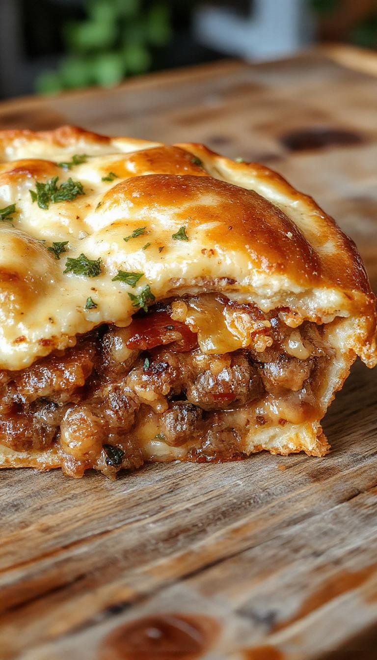 A savory bacon cheeseburger pie sliced open to reveal layers of juicy beef patties, crispy bacon, melted cheese, and a golden-brown crust, garnished with fresh herbs on a rustic wooden platter.