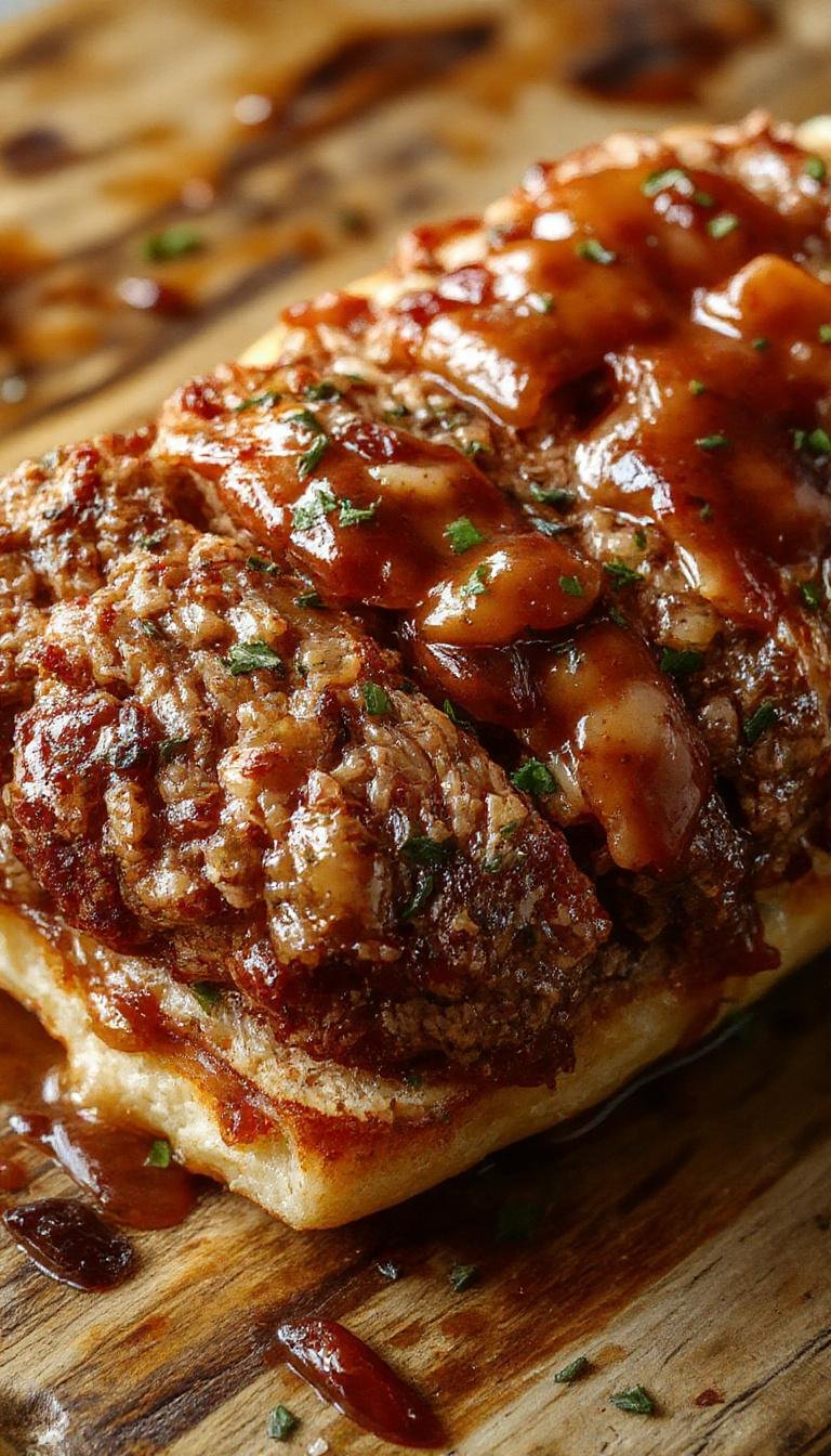 A close-up of a juicy, perfectly shaped meatloaf glazed with a glossy layer, sitting on a rustic wooden platter. The meatloaf has a golden-brown crust with visible herbs and ground meat textures, sliced to reveal its moist interior.