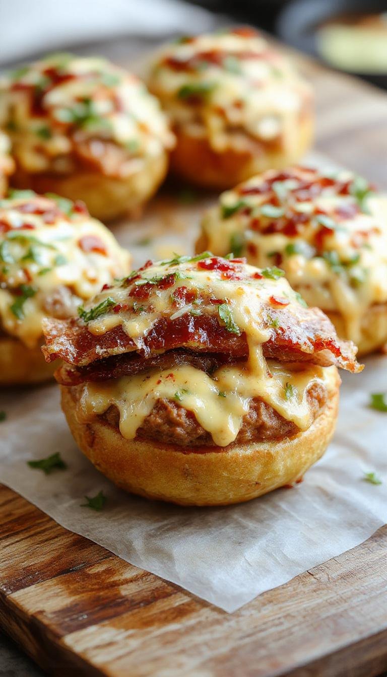 Golden-brown bacon-wrapped cheeseburger bombs arranged on a rustic wooden platter, with melted cheese oozing from the open sides, topped with fresh chopped herbs and sesame seeds for garnish
