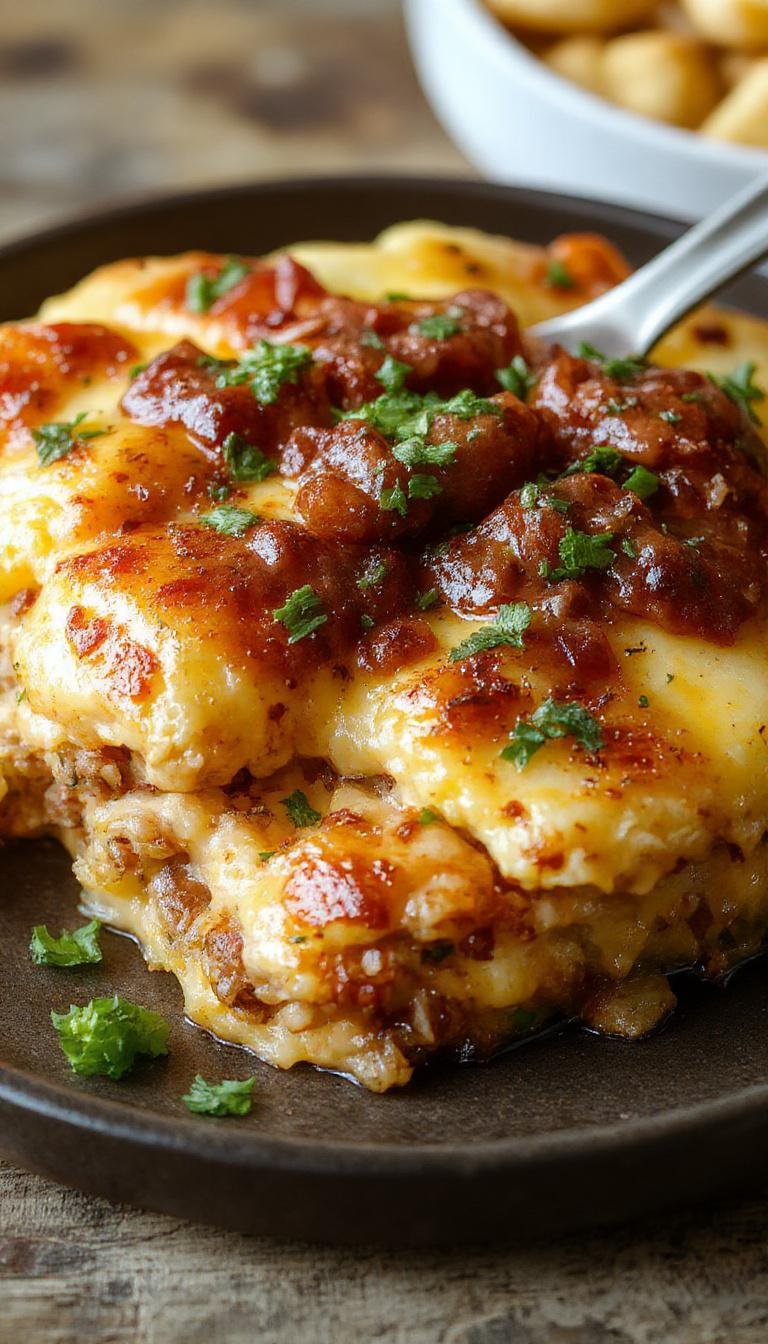 A golden-brown casserole topped with melted cheese and crispy tater tots, garnished with chopped fresh herbs, served in a rustic white baking dish.