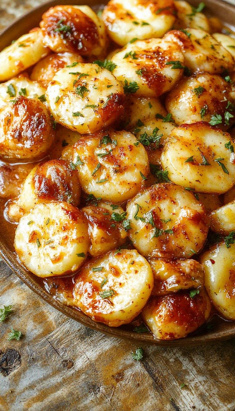 A close-up of a creamy, golden-brown cheesy garlic scalloped potatoes dish served in a rustic white bowl. The top layer features melted, bubbly cheese with hints of crispy edges, garnished with minced garlic and finely chopped parsley. The potatoes are thinly sliced and evenly layered, creating a rich and inviting texture. The background shows a wooden table with a spoon and a sprig of parsley for garnish.