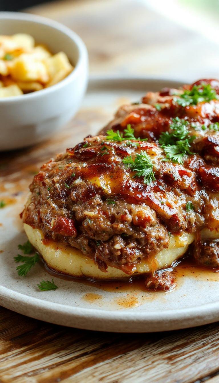 A rustic meatloaf topped with golden-brown melted cheese and creamy mashed potato swirls. The loaf is sliced open to reveal a juicy meat interior, garnished with fresh herbs and served on a wooden platter with a side of green vegetables.