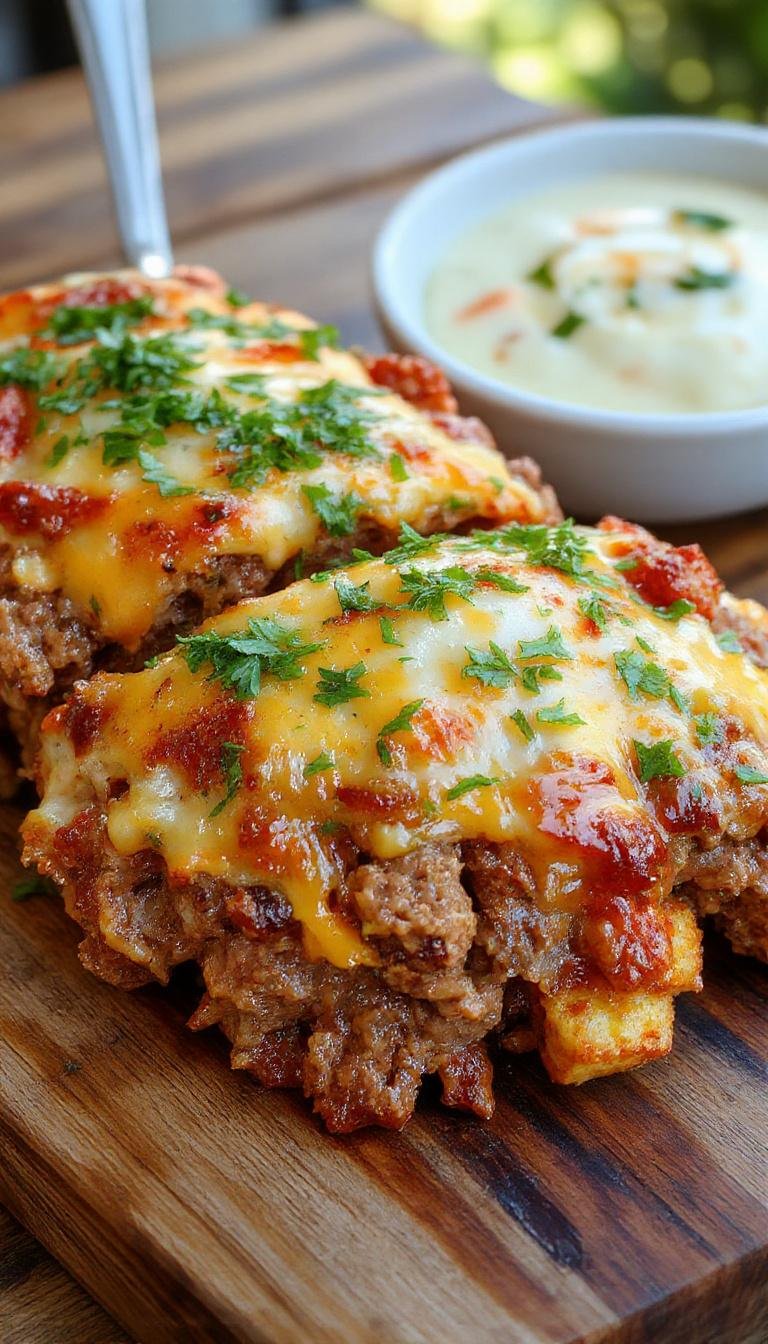 A golden-brown meatloaf topped generously with melted, bubbly cheese, surrounded by crispy tater tots arranged around the dish. The casserole is served in a rustic ceramic dish, with steam rising and a slightly browned crust, showcasing textures of crunchy tater tots and gooey cheese.