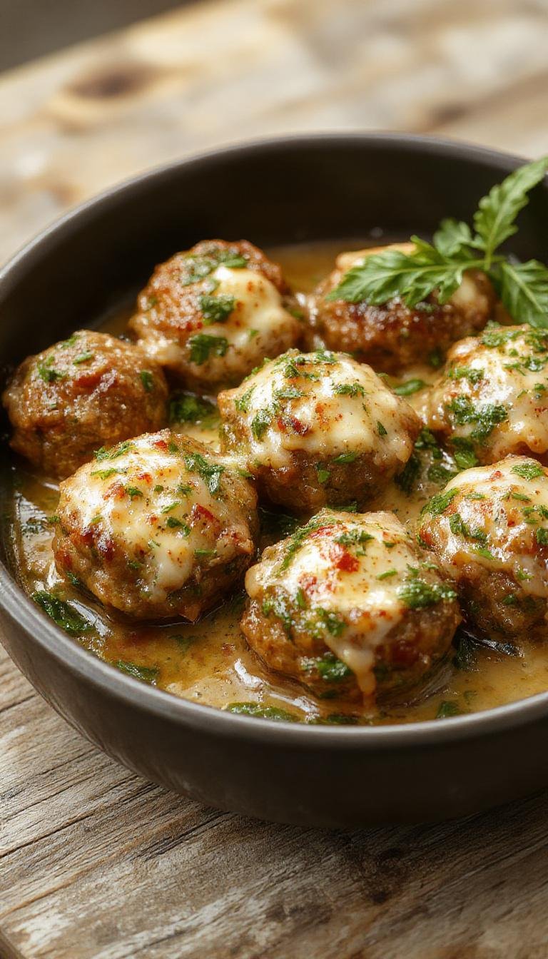Golden-brown mozzarella-stuffed meatballs arranged on a rustic white plate, slightly melting cheese visible through the cracks, garnished with fresh basil leaves, with a side of vibrant spinach and garlic sauce, on a wooden table.