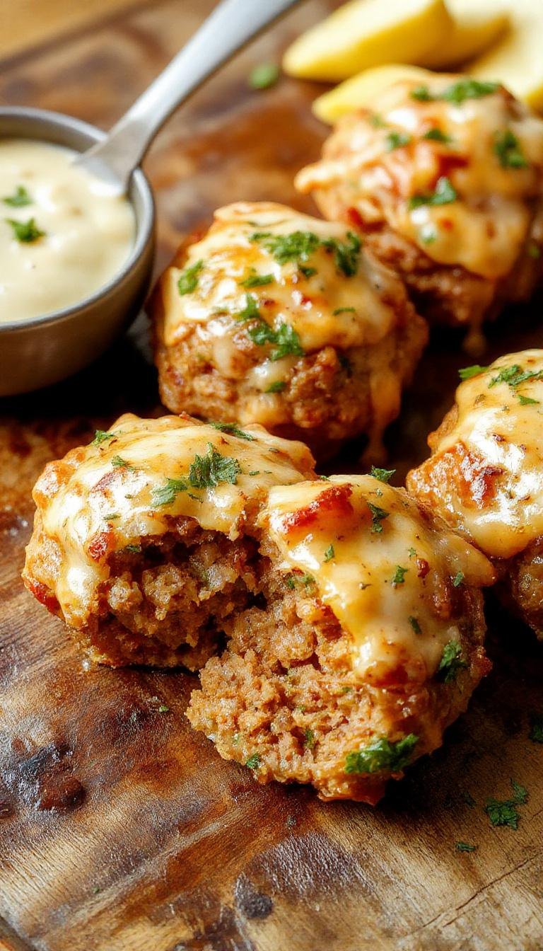 Golden-brown meatloaf bites filled with melted cheese, arranged neatly on a rustic wooden platter, garnished with fresh herbs and served with dipping sauces.