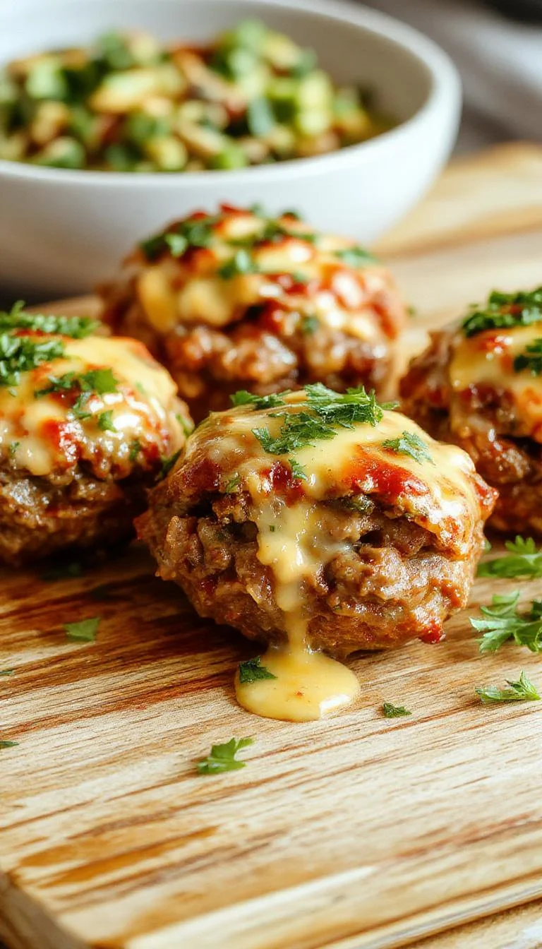 A close-up view of cheesy stuffed meatloaf bites arranged on a rustic wooden platter. The bites are golden brown with melted cheesy filling oozing from the center, garnished with fresh herbs. The texture appears tender with a crispy exterior and gooey interior, showcasing the delicious, bite-sized comfort food.