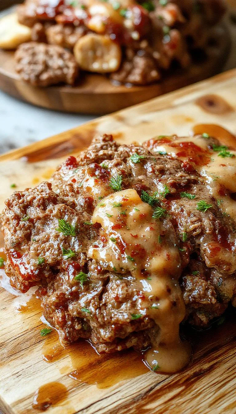 A hearty slice of classic meatloaf on a white plate, glazed with tomato sauce, garnished with fresh parsley. The meatloaf has a golden-brown crust and a moist, tender interior visible from the cut, surrounded by roasted vegetables.