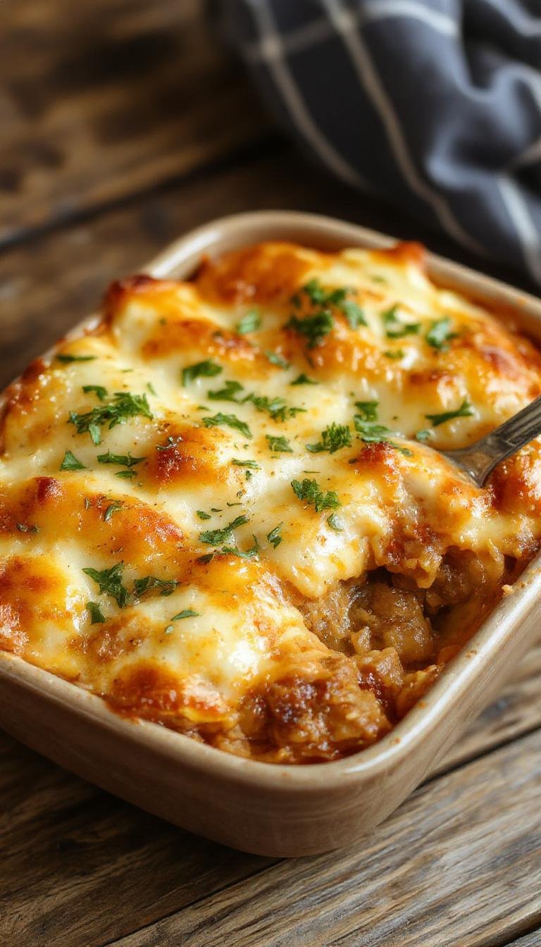 A golden-brown shepherd's pie served in a rustic white ceramic dish, topped with creamy mashed potatoes with a lightly crisped edge, garnished with fresh herbs. The filling features visible chunks of seasoned ground meat, peas, and carrots nestled beneath the fluffy topping.