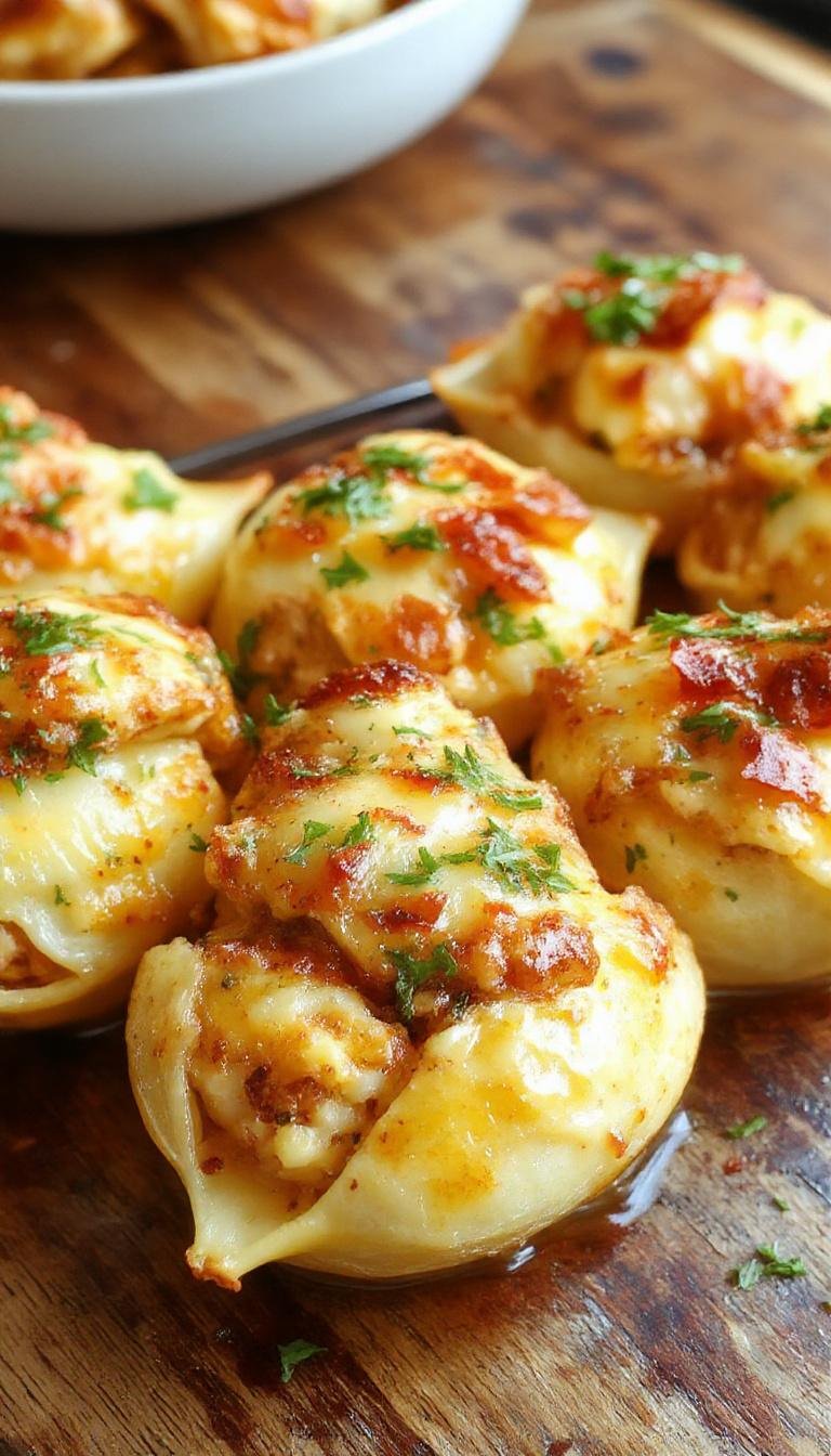 A close-up of a white oval platter filled with large, golden-brown stuffed shells topped with melted cheese and garnished with fresh basil leaves. The shells are generously filled with a creamy ricotta and meat mixture, and the sauce appears rich and tomato-based around the shells.