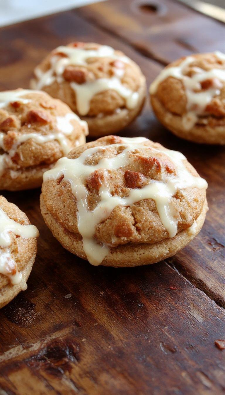 A pair of moist, golden-brown apple cider whoopie pies with creamy caramel filling, slightly oozing out, placed on a rustic wooden surface with a few apple slices and cinnamon sticks in the background. The pies are cut open to reveal the luscious filling, and the surface has a light dusting of powdered sugar for added appeal.