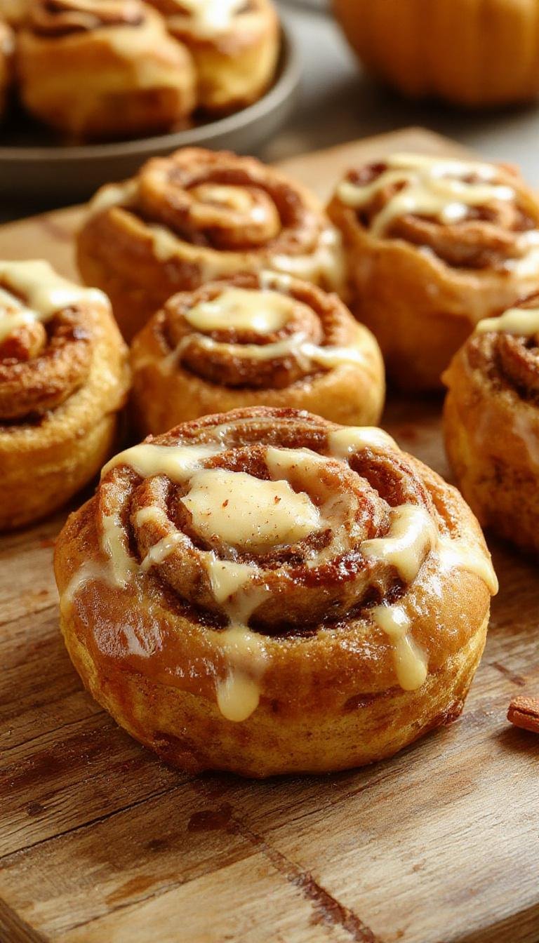 A close-up image of golden-brown cinnamon rolls drizzled with glossy caramelized brown butter glaze. The rolls are generously swirled with pumpkin filling visible from the edges, topped with a sprinkle of cinnamon and a light dusting of powdered sugar. The presentation showcases the soft, fluffy texture of the rolls in a rustic white dish, with a warm inviting atmosphere highlighted by natural lighting.