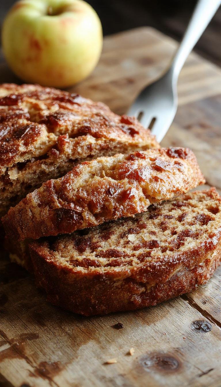 A golden-brown slice of cinnamon apple bread with visible chunks of tender apples and a cinnamon swirl, placed on a rustic wooden board. The bread's crust appears slightly crispy, with a soft, moist interior. Light dusting of cinnamon and sugar is visible on top, and a few apple slices and cinnamon sticks are artfully arranged nearby to enhance the autumnal theme.