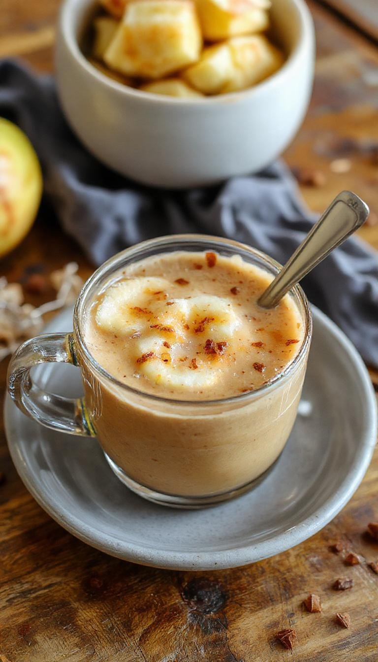 A steaming cup of cozy apple chai latte topped with a sprinkle of cinnamon, with a cinnamon stick and apple slices on a rustic wooden table, with a warm, inviting atmosphere.
