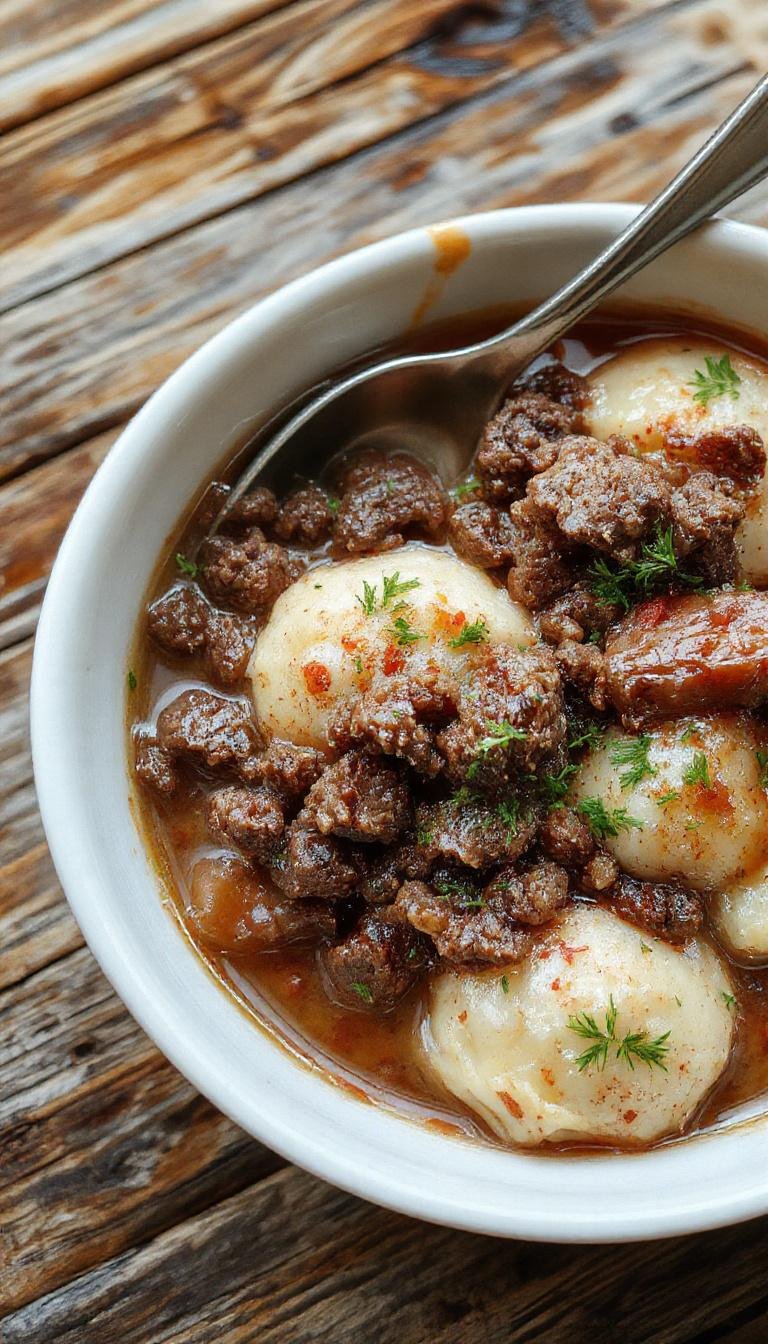 A steaming bowl of hearty ground beef and tender dumplings topped with fresh chopped herbs, served in a rustic ceramic bowl on a wooden table, with visible chunks of beef and fluffy dumplings in a savory gravy
