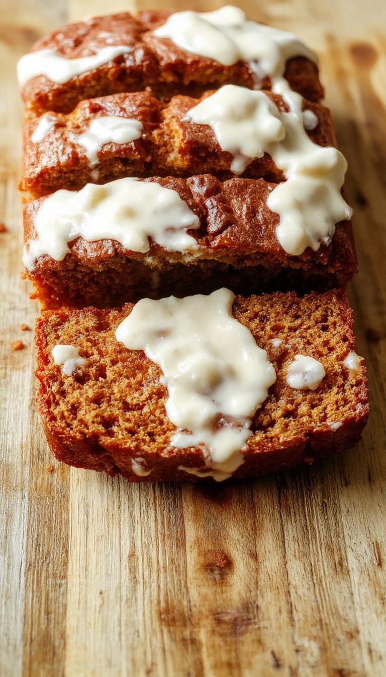 A slice of moist, golden pumpkin bread topped with smooth, creamy cream cheese frosting. The bread is presented on a rustic wooden plate with a cinnamon stick and a sprinkle of powdered sugar, evoking a warm, fall-inspired atmosphere.