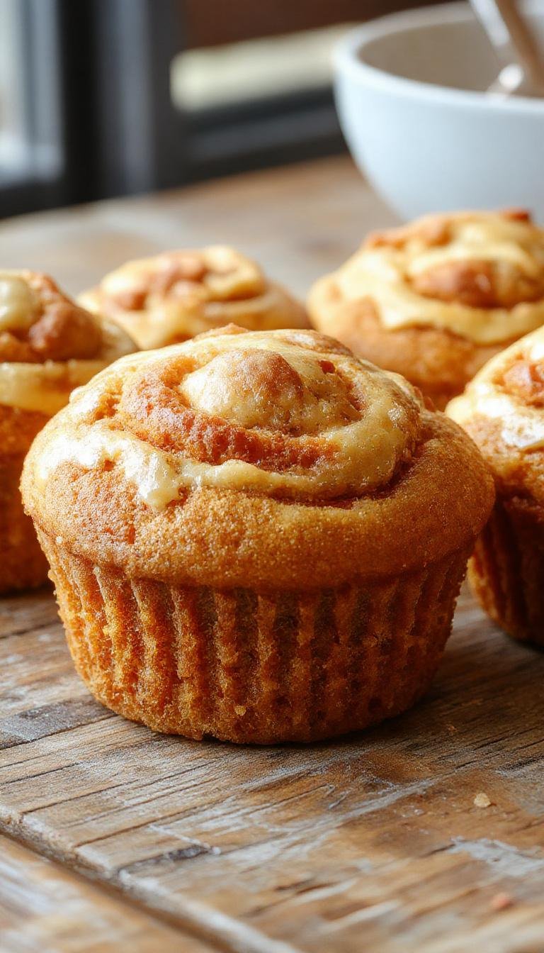 A close-up of a golden-brown pumpkin swirl muffin sliced open to reveal a rich orange pumpkin swirl inside, topped with a light dusting of powdered sugar, with a few more muffins in the background on a rustic wooden plate, highlighting the moist texture and inviting fall presentation.