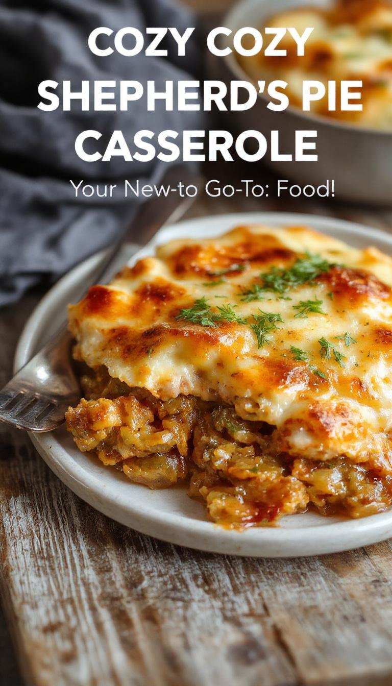 A warm, golden-brown Shepherd’s Pie casserole sliced to reveal a layer of seasoned ground beef, vegetables, and creamy mashed potatoes topped with a crispy crust, garnished with chopped herbs on a rustic wooden table.