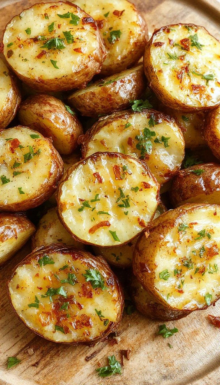 A close-up of golden-brown crispy smashed potatoes garnished with chopped fresh herbs and minced garlic, arranged on a rustic wooden platter with a sprig of rosemary and a drizzle of herb-infused oil, showcasing their crispy exterior and tender interior