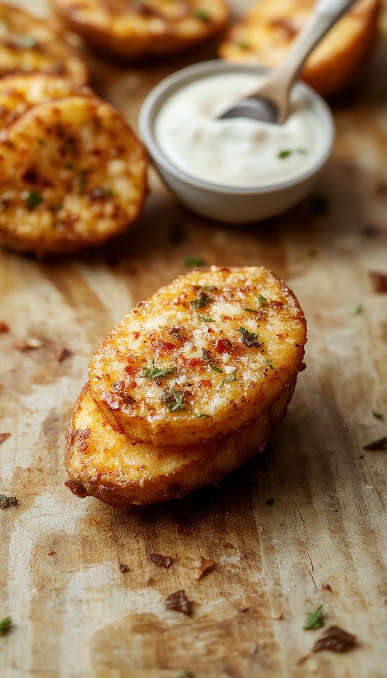 Golden brown crispy sweet potato wedges topped with finely chopped garlic and grated parmesan cheese, arranged on a rustic white plate with a sprinkle of fresh herbs, side view highlighting their flaky texture and seasoning.