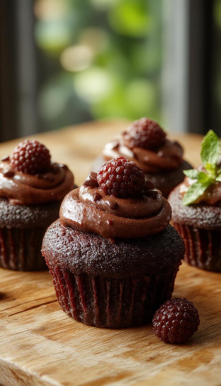 A close-up of a dark chocolate cupcake topped with a swirl of rich chocolate frosting, garnished with a fresh blackberry and a sprig of mint, presented on a white plate with scattered blackberries around it, highlighting its moist texture and glossy finish.