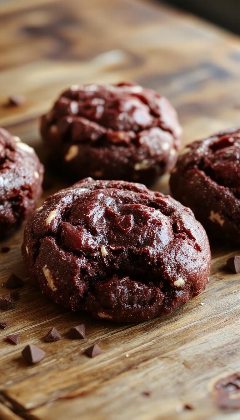 A close-up of Black Velvet Cheesecake Cookies arranged on a white plate. The cookies are deep black with a glossy finish, showcasing their smooth surface and slightly cracked tops. Garnished with a dusting of powdered sugar and small dollops of cream cheese filling visible in some cookies, creating an alluring contrast. The background is softly blurred, emphasizing the rich texture and inviting appearance of the cookies.