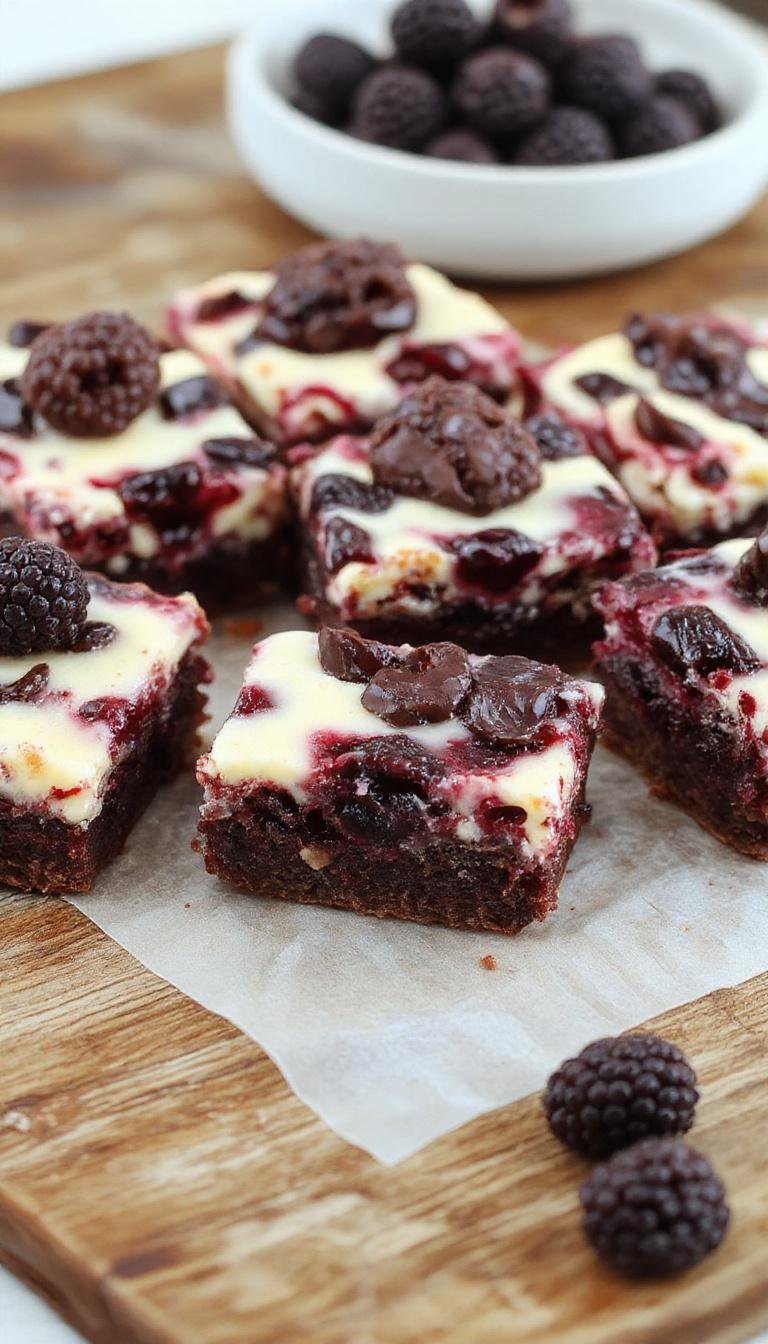 A rich, fudgy brownie topped with a swirl of creamy cheesecake filling and fresh blackberries. The brownies are sliced to reveal a marbled pattern of dark chocolate and pale cheesecake, garnished with a dusting of powdered sugar. The presentation emphasizes the luscious texture and vibrant fruit contrast.