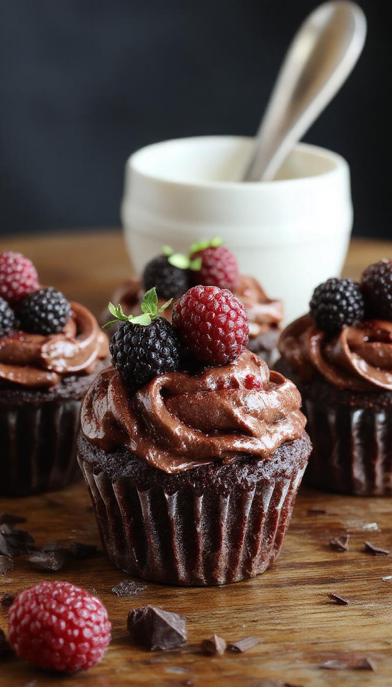 A close-up of three decadent dark chocolate blackberry cupcakes on a rustic wooden platter. The cupcakes are topped with shiny, deep purple-blackberries and a drizzle of glossy dark chocolate ganache. The rich chocolate cake contrasts with the vibrant blackberries, creating an inviting and luxurious appearance. The background features a soft-focus, giving prominence to the textured frosting and fresh fruit garnishes.