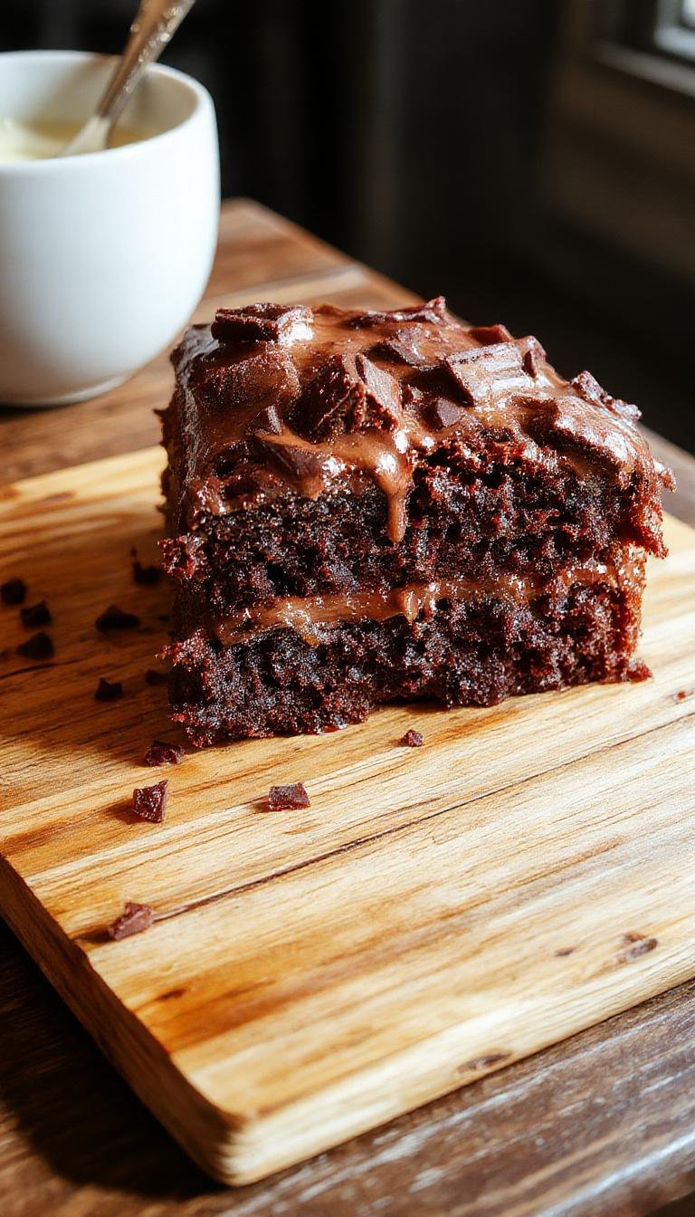 A slices of decadent Death by Chocolate Cake on a elegant white plate, showcasing layers of moist dark chocolate sponge and glossy chocolate ganache topping. The cake is garnished with delicate chocolate shavings and a sprig of fresh mint, with a few crumbs scattered around for texture.