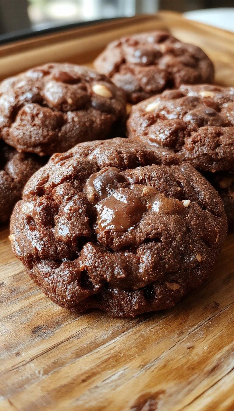 A close-up of a freshly baked lava cookie with a cracked, golden-brown top. The cookie is cut open, revealing a molten, gooey chocolate center that oozes out. The surface is slightly crispy with a soft, fudgy interior visible through the cracks. The background features a rustic wooden table with a dusting of powdered sugar and a drizzle of melted chocolate nearby.