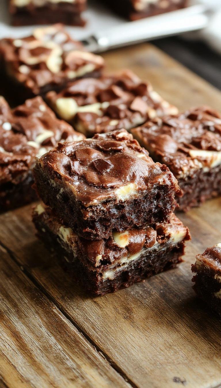 A close-up of decadent layered brownies showcasing rich chocolate layers topped with gooey caramel and a glossy chocolate glaze, garnished with crushed cookies and a dusting of cocoa powder, presented on a rustic wooden platter.