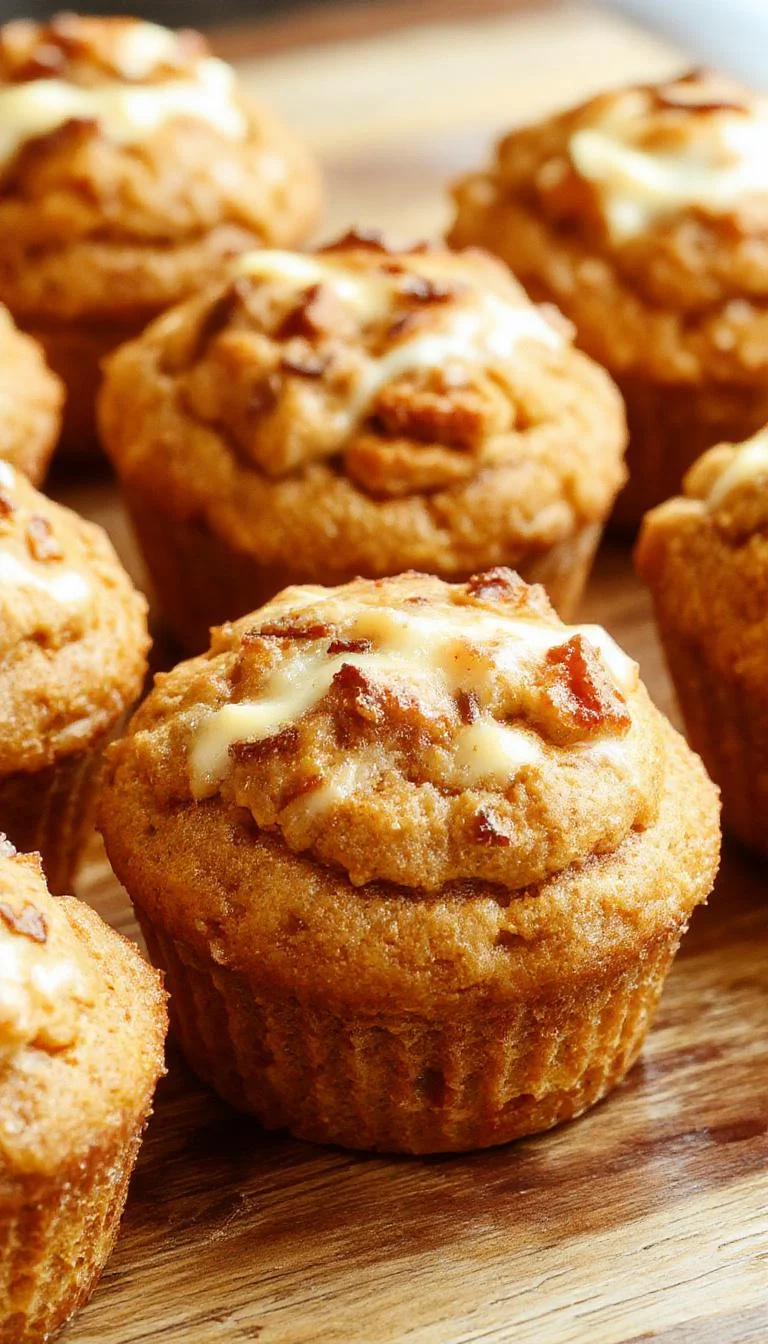 A close-up of a freshly baked pumpkin cream cheese muffin with a golden-brown top, swirls of cream cheese visible inside, placed on a rustic wooden surface with a fall-themed plate and cinnamon sticks in the background, highlighting its moist texture and tempting swirl.