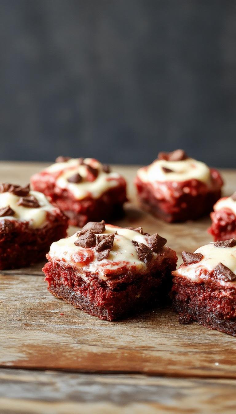 Close-up of bite-sized red velvet cheesecake brownies arranged on a elegant platter. The brownies feature a vibrant red velvet hue topped with cream cheese swirls, with a glossy chocolate glaze accentuating their rich texture. The surface displays a delicate marbled pattern of red velvet and creamy white cheesecake, inviting indulgence.