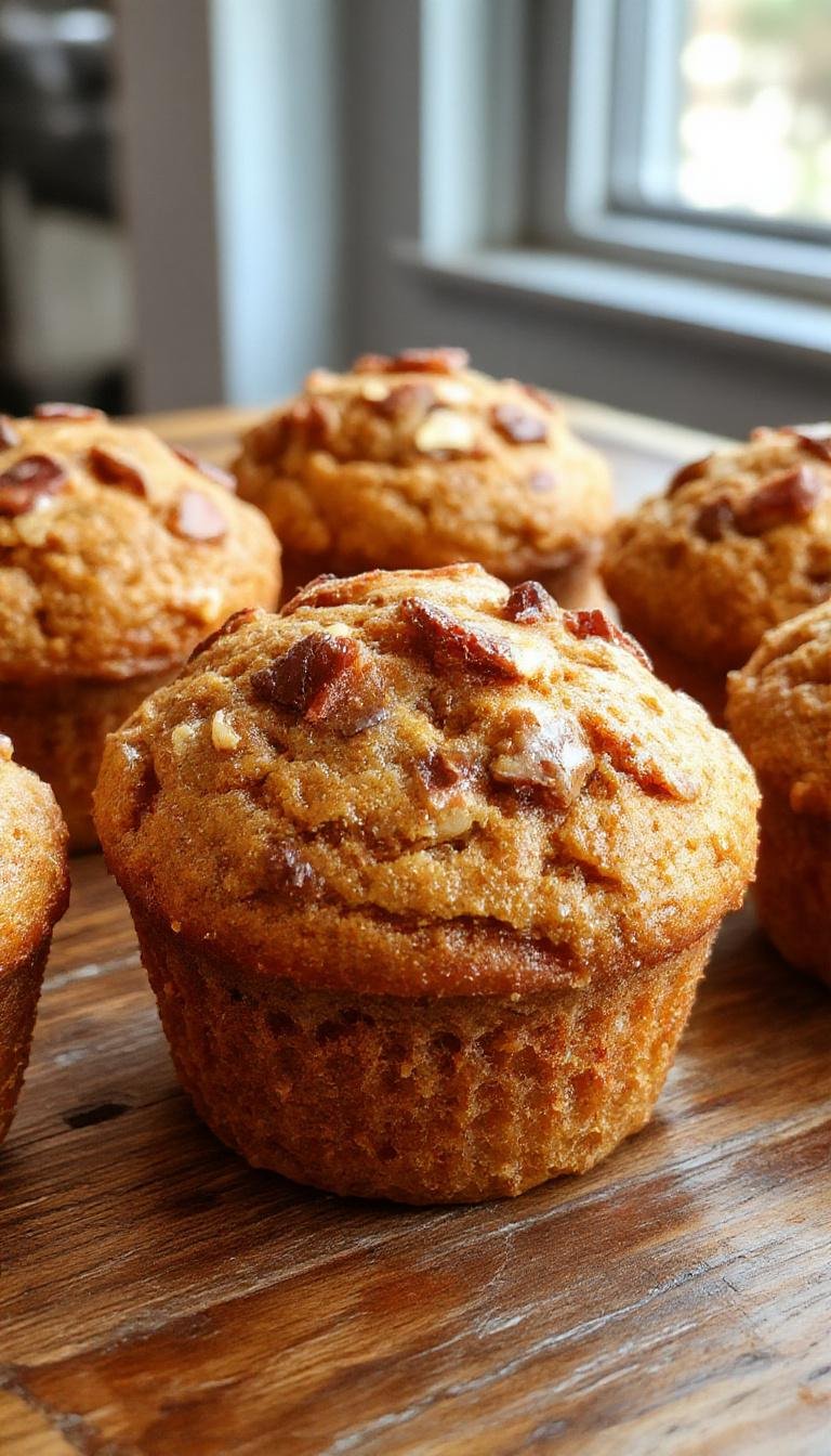 A close-up of a golden-brown muffin topped with a crumbly cinnamon streusel, nestled in a white paper liner on a rustic wooden surface. The muffin's moist interior is slightly visible at the edges, with a hint of pumpkin and streusel topping adding texture and visual appeal.