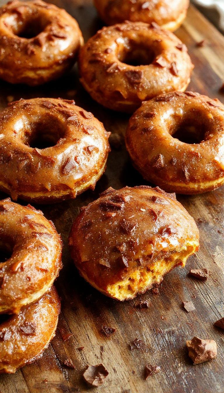 A close-up of golden-brown baked pumpkin cake donuts arranged on a rustic white plate, topped with a light dusting of cinnamon sugar, with a chopped pumpkin and fall leaves in the background, highlighting their fluffy texture and seasonal appeal.