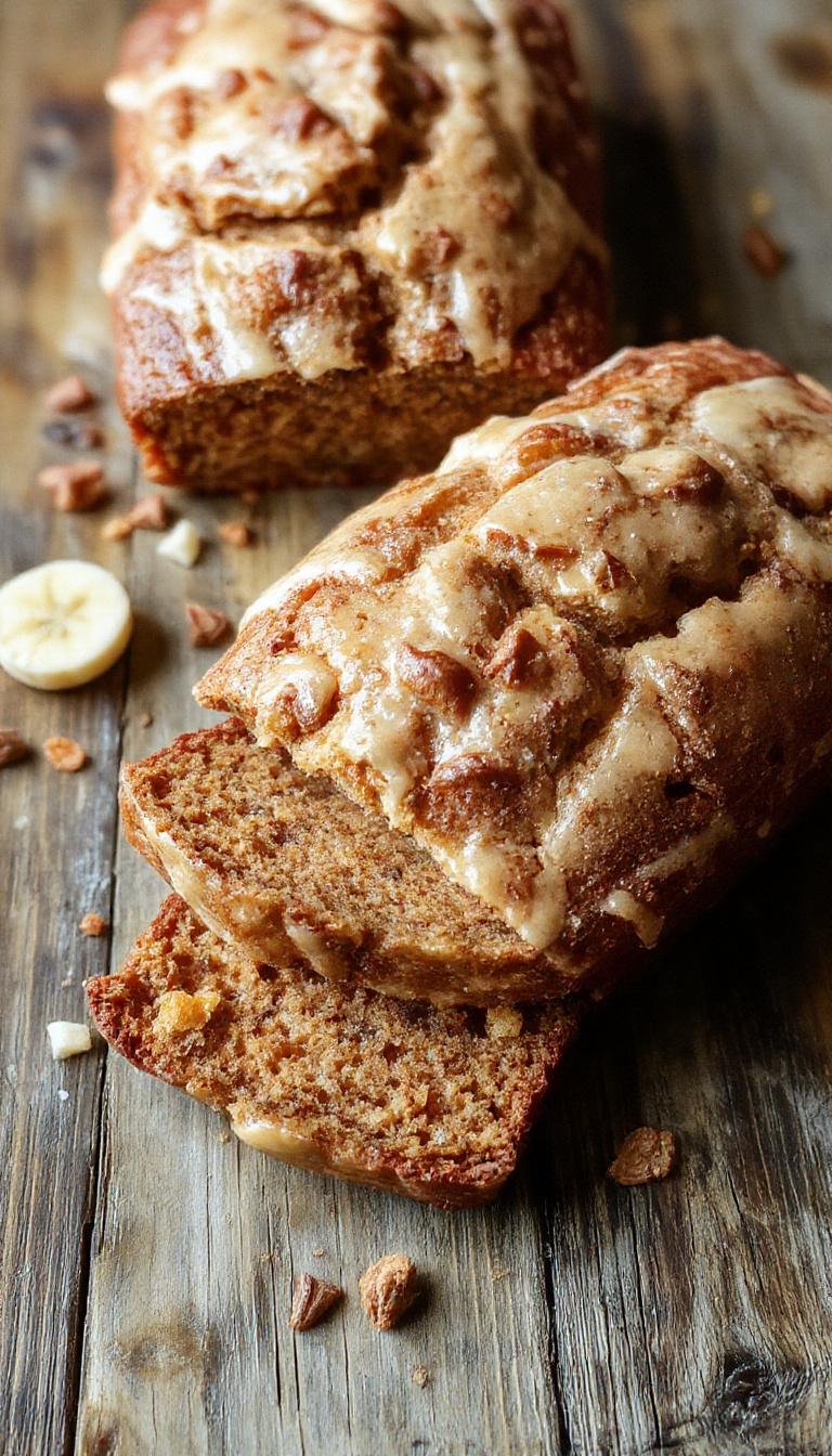 A slice of moist carrot cake banana bread on a rustic wooden plate. The bread is golden-brown with shredded carrot and banana visible on the surface, topped with a light dusting of powdered sugar and a sprig of fresh mint. In the background, a whole loaf with a slightly cracked crust rests on a cozy kitchen cloth, evoking warmth and homemade comfort.