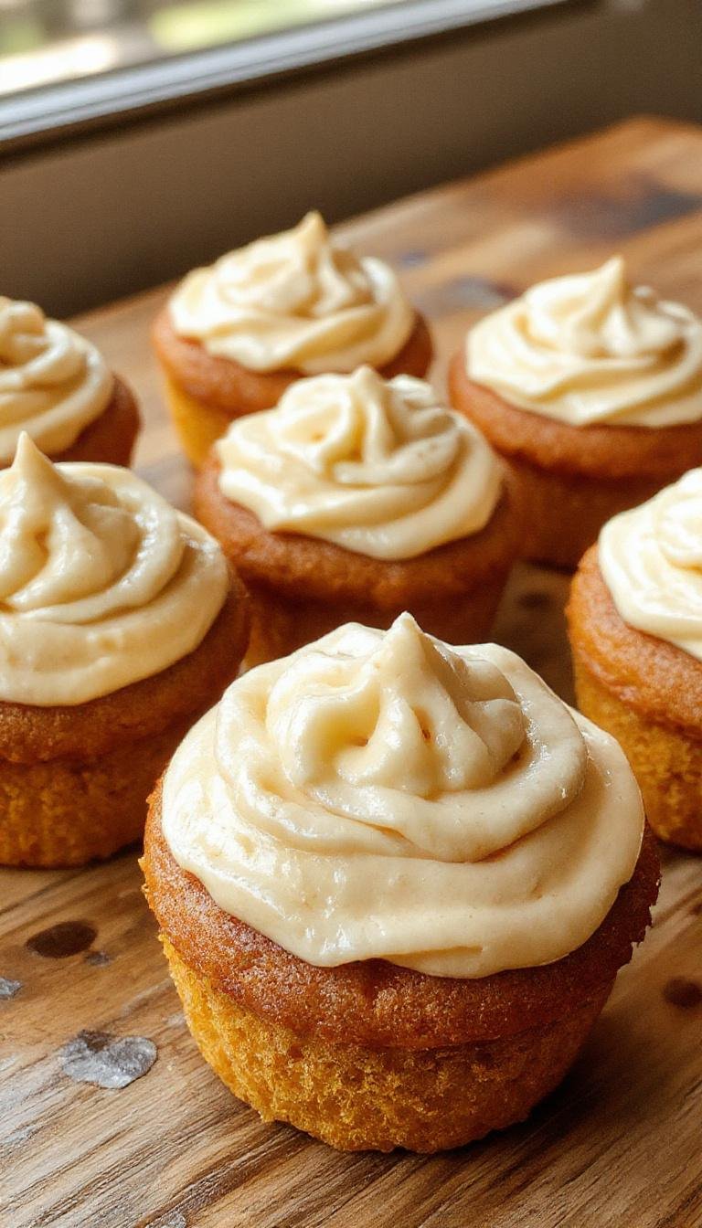 A close-up of three pumpkin cupcakes with swirls of creamy frosting topped with a sprinkle of cinnamon, set on a rustic wooden surface with a blurred background.