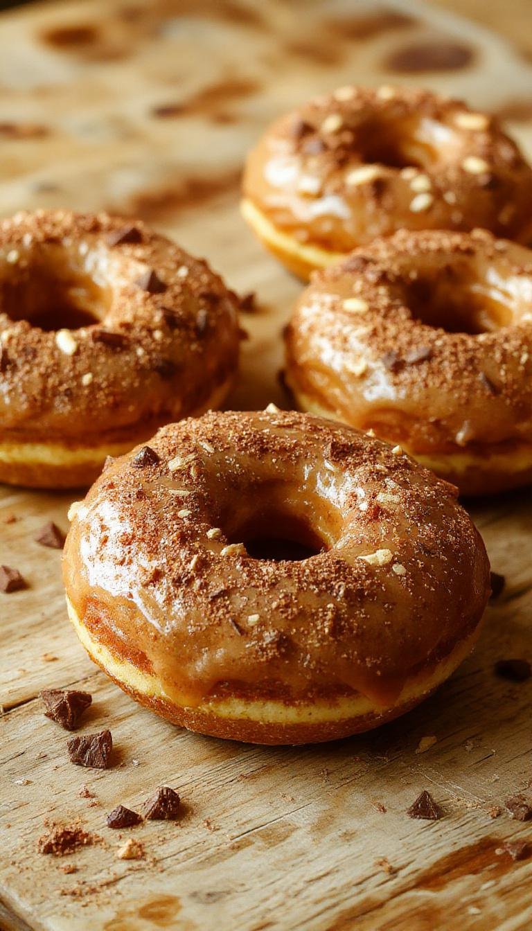 A close-up of freshly glazed pumpkin spice donuts arranged on a rustic wooden platter. The donuts have a golden-brown exterior, topped with a generous drizzle of spiced glaze and sprinkled with cinnamon sugar. In the background, there are small bowls of pumpkin puree, cinnamon, and nutmeg, with autumn leaves adding a seasonal touch.
