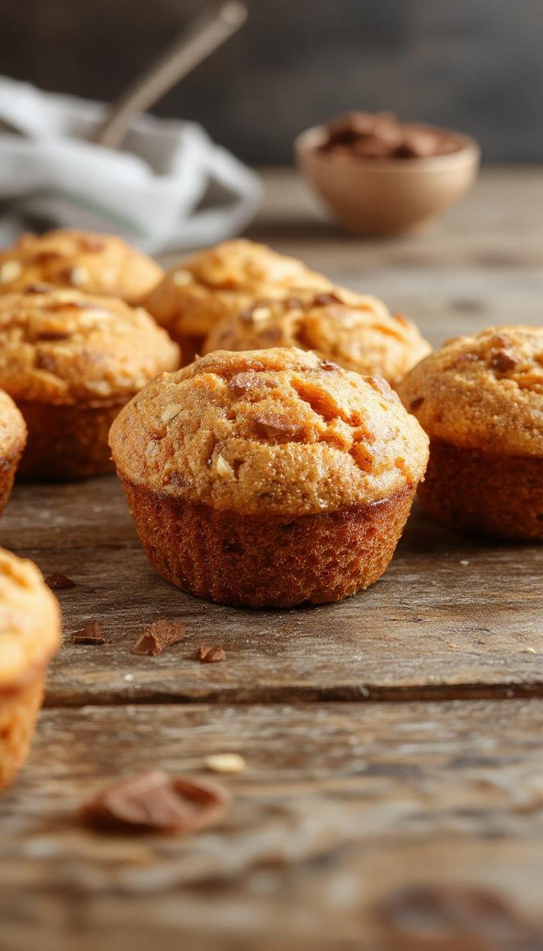 A close-up of a batch of golden-brown sweet potato muffins with a slightly domed top, placed in a rustic wooden bowl. The muffins have a light, fluffy texture with visible bits of sweet potato inside, and a soft crumb is evident through the slight cracks on the surface. The presentation emphasizes their moist and tender interior, with a few muffins stacked casually to highlight their fluffy interior and inviting golden hue.