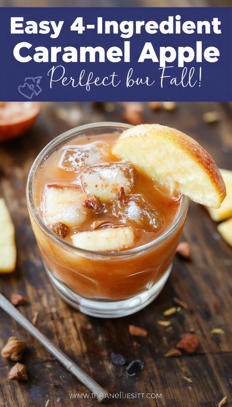 A clear glass pitcher filled with a vibrant caramel apple punch, showcasing swirling red apple juice and golden caramel syrup. Sliced apples and cinnamon sticks are visible inside, with a caramel drizzle on the rim of the pitcher. The background features a cozy fall table setting with autumn leaves and warm lighting, emphasizing the inviting and festive atmosphere.