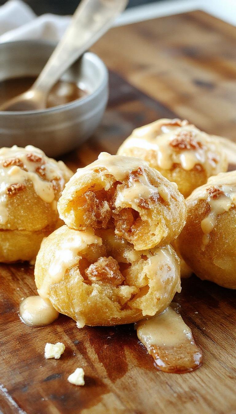 Golden-brown apple pie bombs with a flaky, crispy exterior, dusted lightly with powdered sugar, arranged on a rustic wooden plate with a side of vanilla ice cream and caramel drizzle, garnished with a sprig of mint.