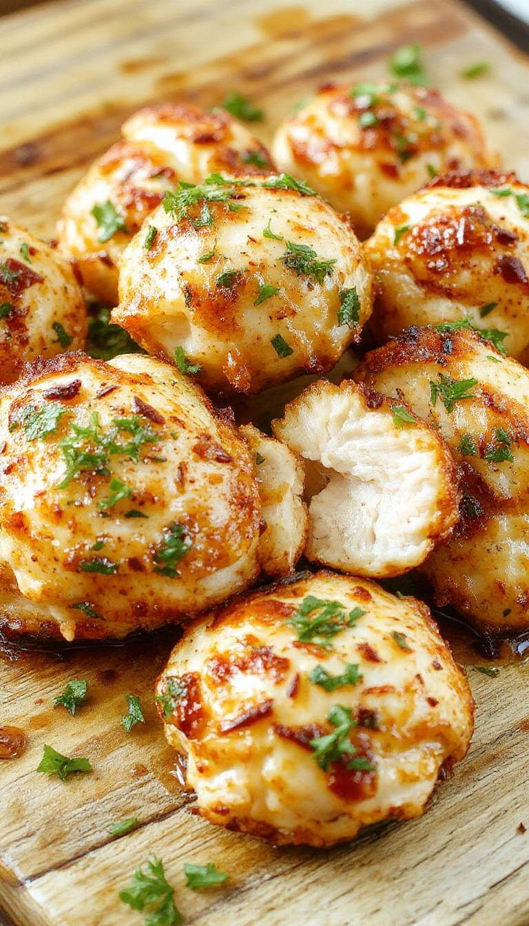Golden-brown baked chicken bites arranged neatly on a white ceramic plate, garnished with fresh herbs and served with a side of colorful vegetables. The crispy exterior contrasts with the juicy interior, showcasing a tempting, appetizing presentation.