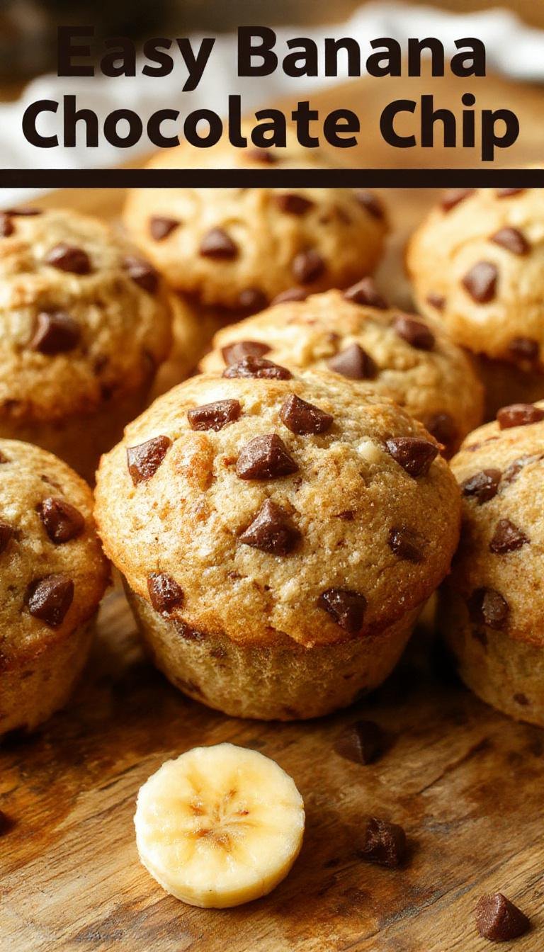 Golden-brown banana chocolate chip muffins arranged on a rustic blue plate, with chocolate chips visible on the surface and banana slices garnishing the top, placed on a wooden table with a scattering of chocolate chips and banana slices around.